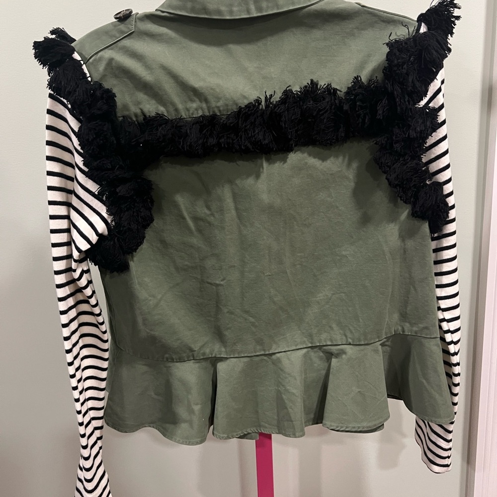 English Factory army green jacket with striped sleeves and black tassels NWOT - Picture 5 of 6